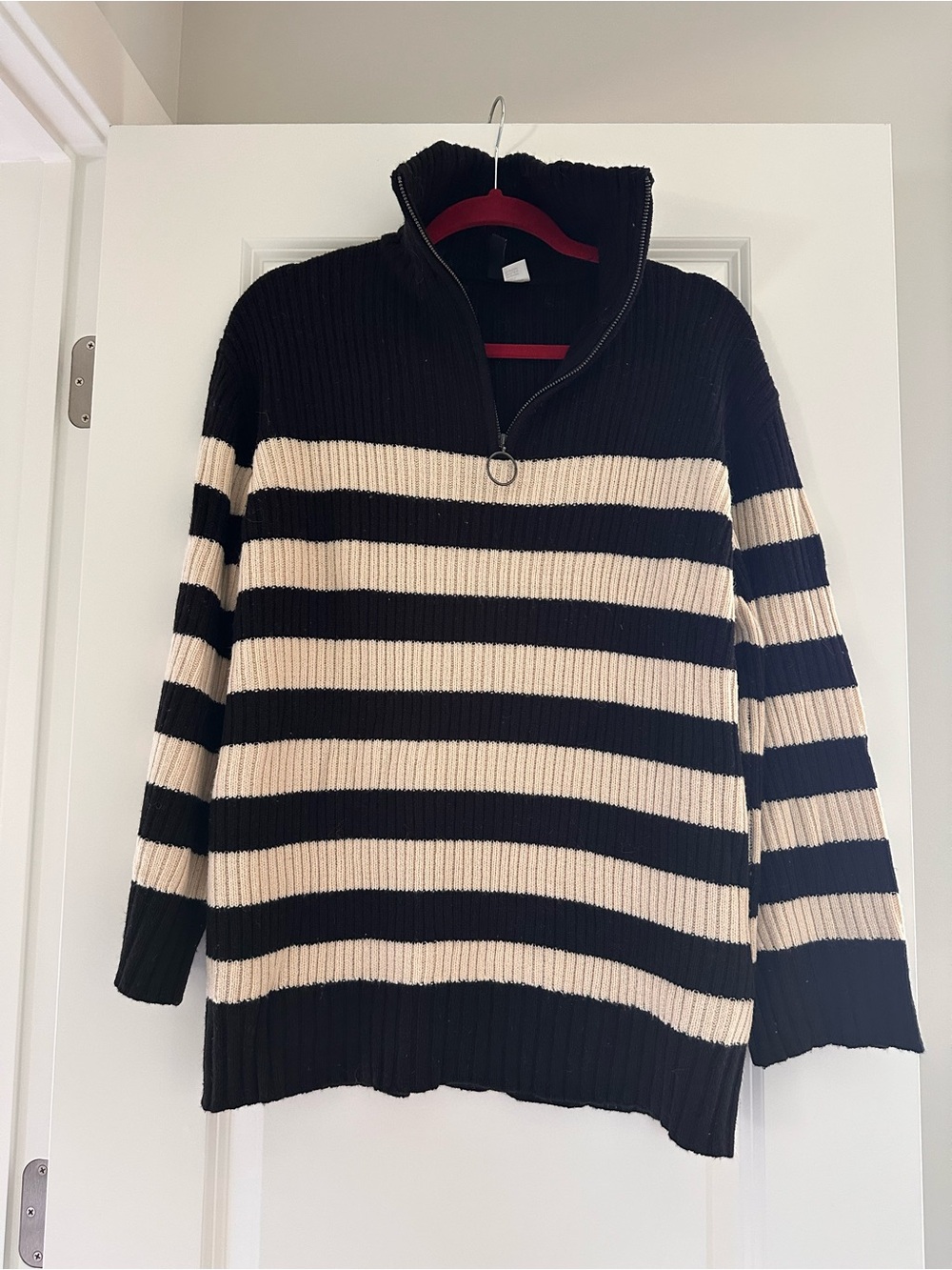 H&M Black and Cream Striped Half-Zip Turtleneck Sweater